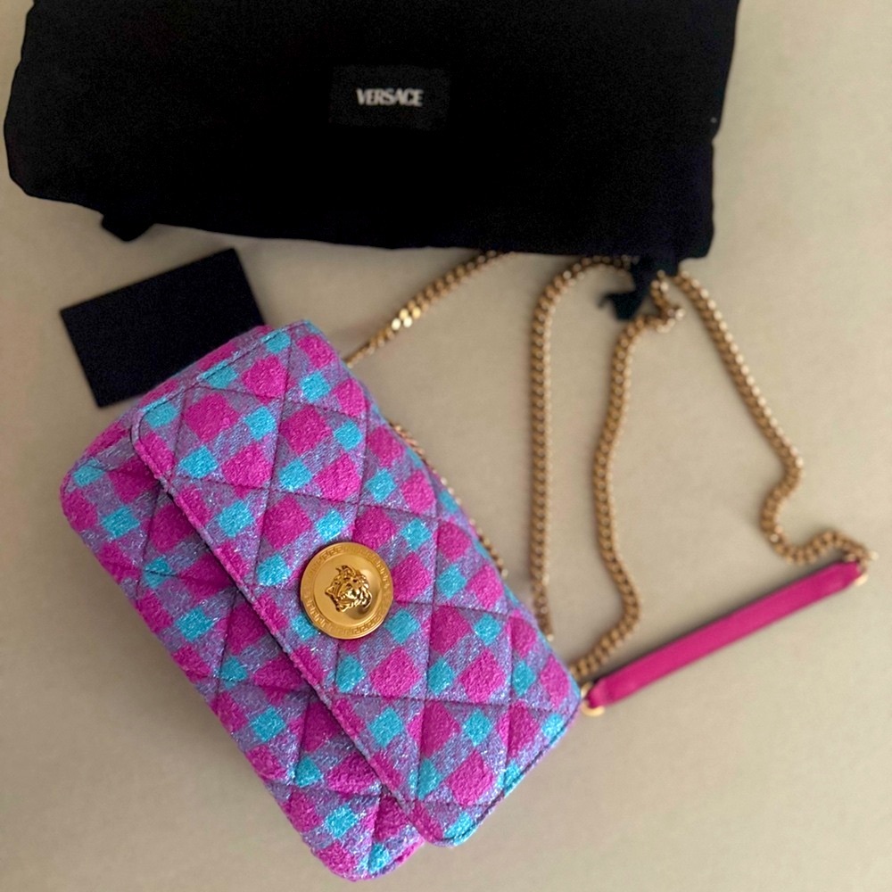 NEW Versace Pink and Blue Checkered Crossbody Bag INCLUDES DUSTBAG